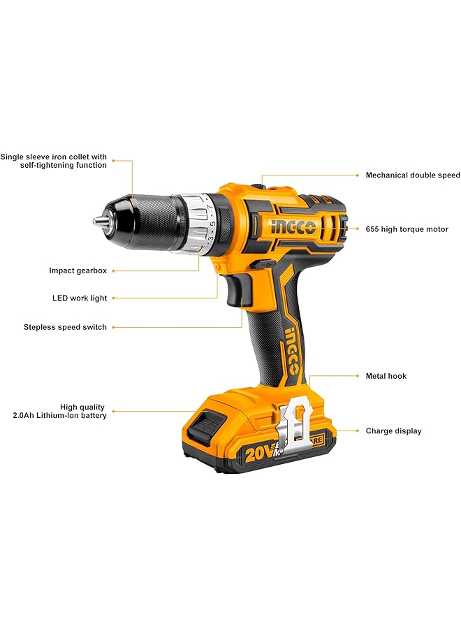 INGCO Impact Drill Cidli2002 Lithium Ion Impact Drill 20V Cordless Impact Drill With 2Pcs Battery Pack And 1Pc 1Hr Fast Charger 22500 Min Impact Rate Cordless Impact Drill Electric Impact Drill - Image 5
