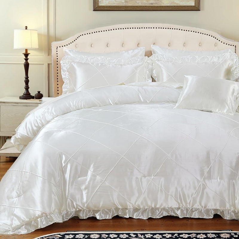 Satin Comforter Set King Sheet Set Silk Like White Bedding Set Silky Bed in a Bag 8 Pcs Pinch Pleat Bed Set Home Decor Luxury Hotel Silky Ruffle Down Comforter with 1 Cushion Cover