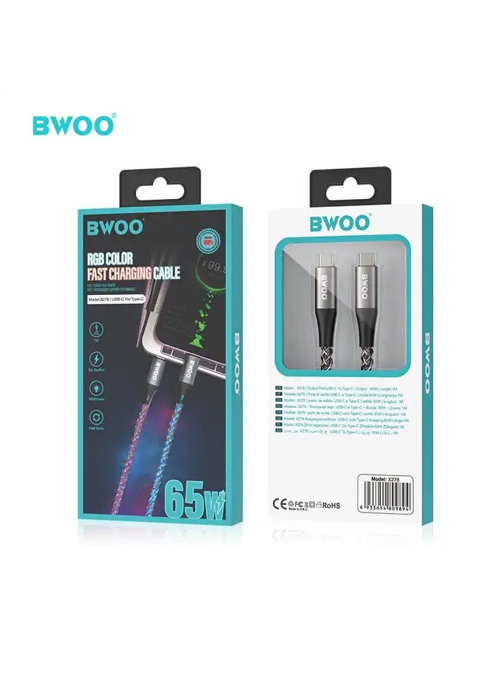 BWOO - BWOO 65W RGB Light Fast Charging Type-C to Type-C USB Cable for Mobile Phones - Image 1