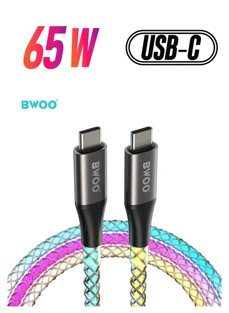 BWOO - BWOO 65W RGB Light Fast Charging Type-C to Type-C USB Cable for Mobile Phones - Image 1