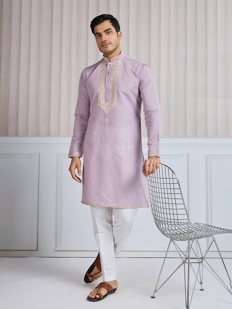 Kalaanj Men's Embroidered Silk Kurta || Only Kurta (KALSS2502MK-Purple-3XL) - Image 3
