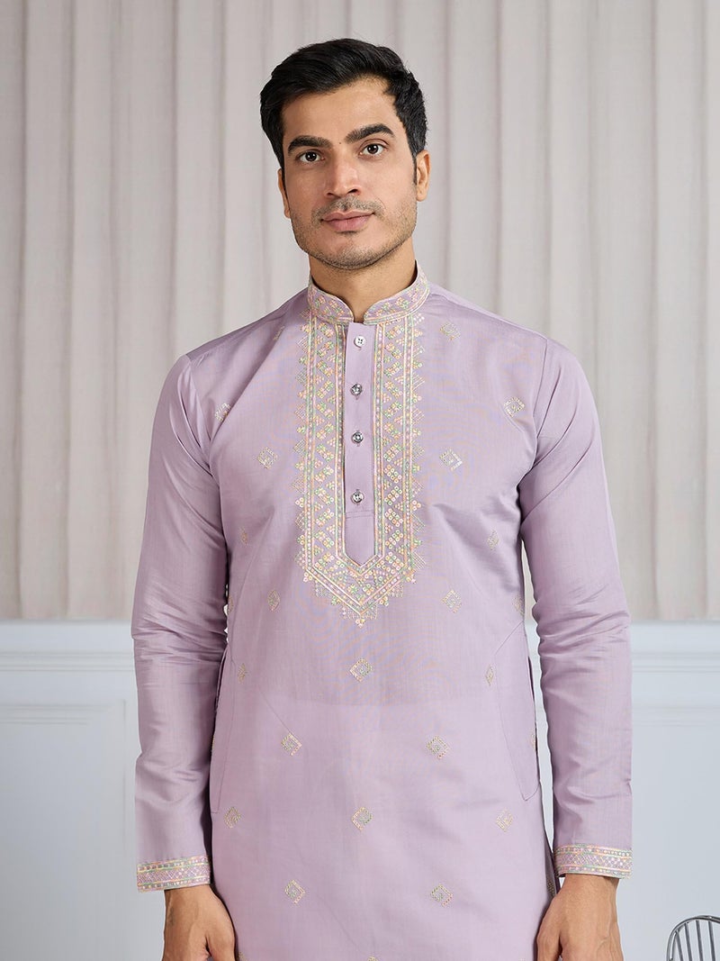 Kalaanj Men's Embroidered Silk Kurta || Only Kurta (KALSS2502MK-Purple-3XL) - Image 4