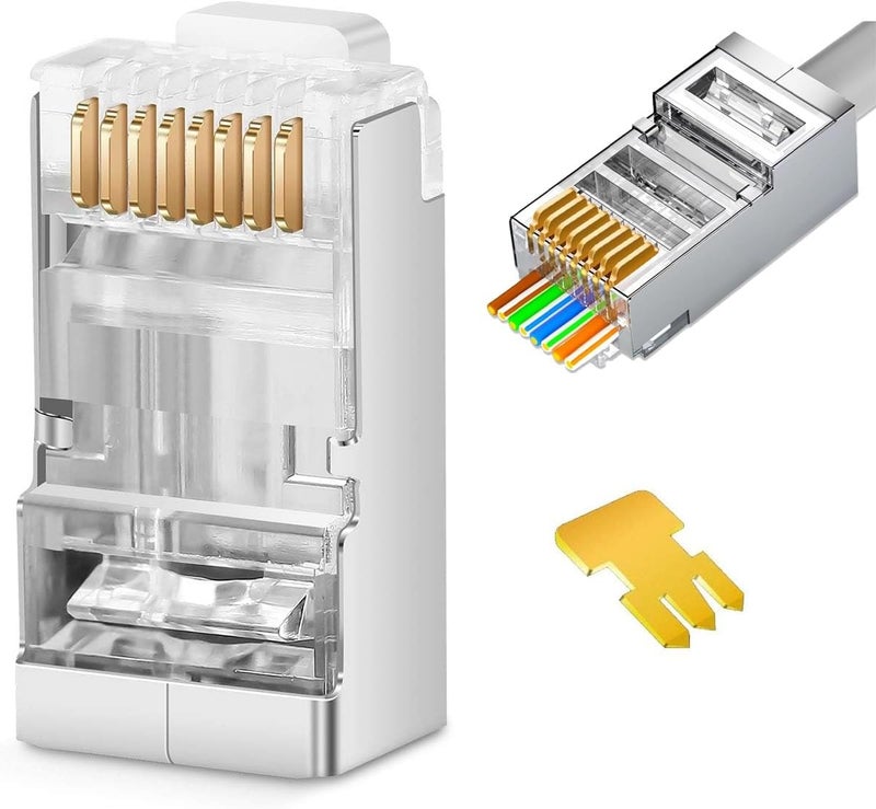 ELECDON RJ45 CAT5 CAT6 Pass Through Connectors - Pass Through Modular Plugs Gold Plated 3 Prong 8P8C Ethernet Ends for Solid Wire and Stranded Cable(50pcs) - Image 1