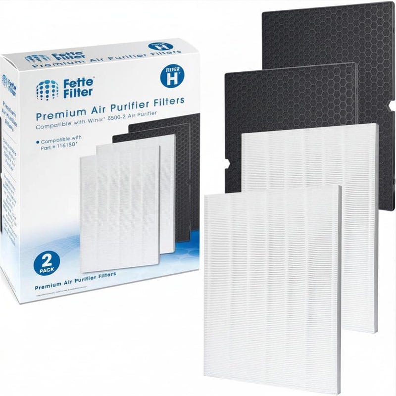 Fette Filter - 116130 Premium True HEPA H13 Filter H Compatible with Winix Filter H 116130 for Winix Model 5500-2 AM80 Air Purifier Includes 2 Pack Ture HEPA Filters + 2 Pack Activated Carbon - Image 1