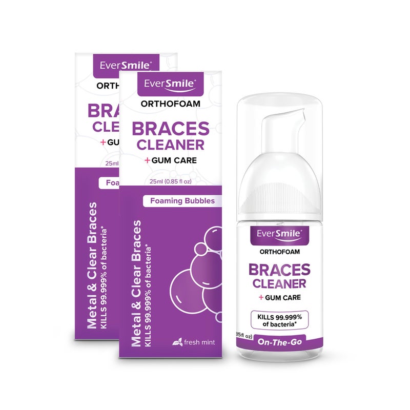 EverSmile OrthoFoam Braces Cleaner Travel Size Brushable Foam Whitens Teeth Eliminates Bacteria Fights Plaque and Bad Breath Cleans Under Metal Ceramic Clear Brackets and Wires 25ml2 Pk
