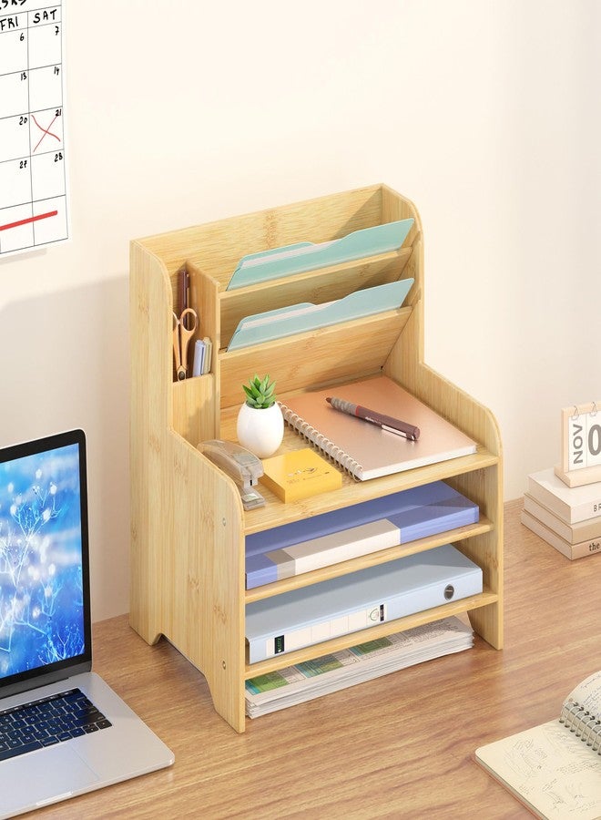 Wisuce Essentials Bamboo Desk Organizer Mail Holder Countertop Letter Tray File Organizer for Desk Letter Sorter Paper File Storage for School Home Office Supplies - Image 3