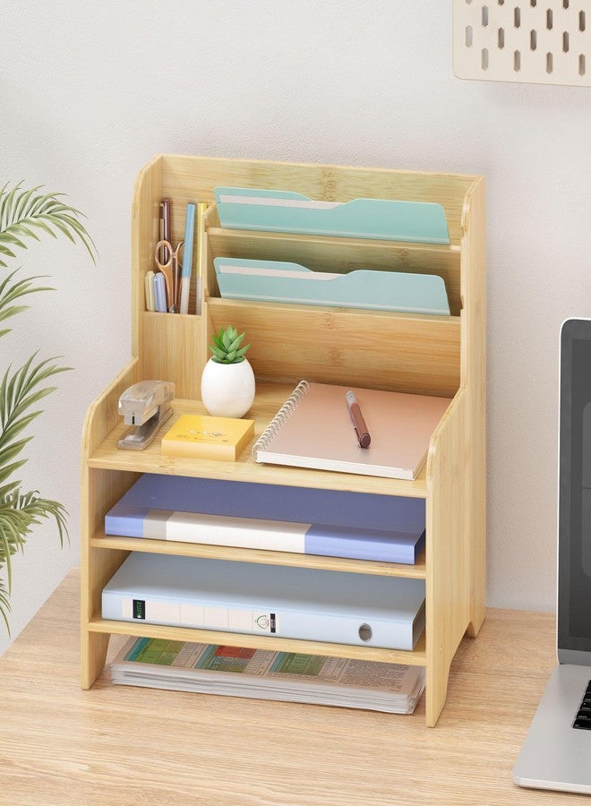 Wisuce Essentials Bamboo Desk Organizer Mail Holder Countertop Letter Tray File Organizer for Desk Letter Sorter Paper File Storage for School Home Office Supplies - Image 1