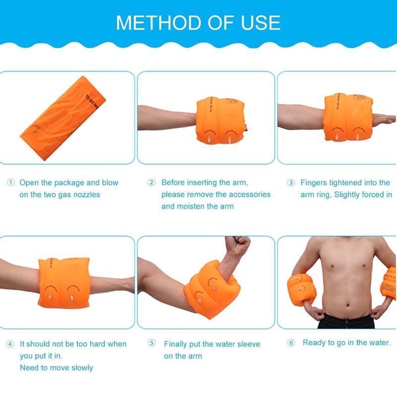 FEBLICH 1 Pair Floaties Inflatable Swim Arm Bands Floatation Sleeves Swimming Rings PVC Arm Floats Tube Armlets for Kids and Adult (Orange) - Image 5
