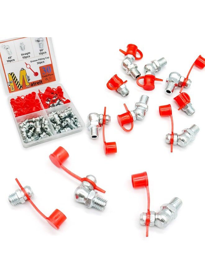Matrelt 30Pcs 1/4"-28 Straight 45 90 Degree Grease Fitting Assortment Kit with Grease Zerk Fittings Caps, Galvanized Steel Hydraulic Grease Zerk for Industrial and Agricultural Machinery Cars Ships ets - Image 1