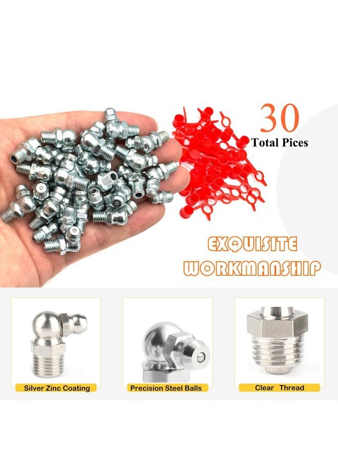 Matrelt 30Pcs 1/4"-28 Straight 45 90 Degree Grease Fitting Assortment Kit with Grease Zerk Fittings Caps, Galvanized Steel Hydraulic Grease Zerk for Industrial and Agricultural Machinery Cars Ships ets - Image 4