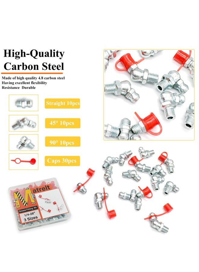 Matrelt 30Pcs 1/4"-28 Straight 45 90 Degree Grease Fitting Assortment Kit with Grease Zerk Fittings Caps, Galvanized Steel Hydraulic Grease Zerk for Industrial and Agricultural Machinery Cars Ships ets - Image 3