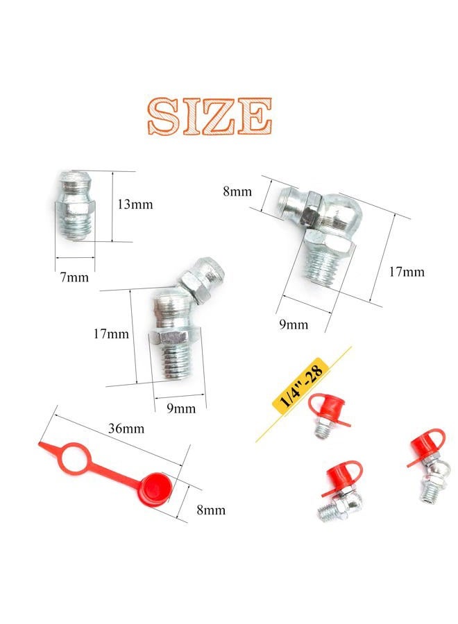 Matrelt 30Pcs 1/4"-28 Straight 45 90 Degree Grease Fitting Assortment Kit with Grease Zerk Fittings Caps, Galvanized Steel Hydraulic Grease Zerk for Industrial and Agricultural Machinery Cars Ships ets - Image 2