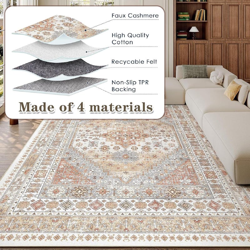 LIODUX Boho Area Rugs, Ultra-Thin Washble Rug, Bohemian Vintage Carpet, Anti Slip Backing Rugs for Living Room, Bedroom, Vintage Office Decor Area Rug (Orange, 120 x 180 cm (Rectangular)) - Image 5