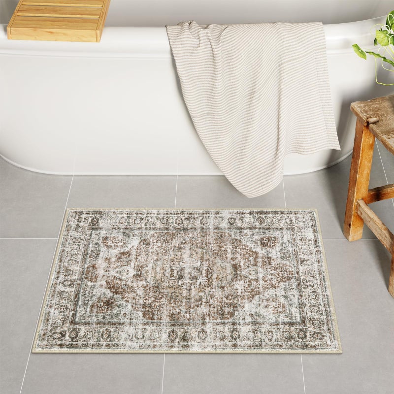 Uphome Boho Bathroom Rugs, Distressed Farmhouse Khaki Bath Mat, Comfy Velvet Small Bath Rugs Non Slip Washable, Vintage Oriental Toilet Rug for Sink Shower Vanity, 18x26 inch - Image 1