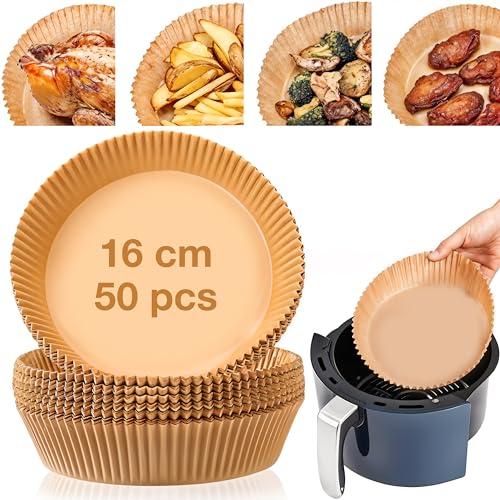WISHOME Air Fryer Disposable Round Paper Liner Disposable air Fryer Paper Liners, Water-Proof, Oil-Proof, Food Grade Parchment for Baking Roasting Microwave 16 Cm (50 Pieces) - RA064 - Image 1