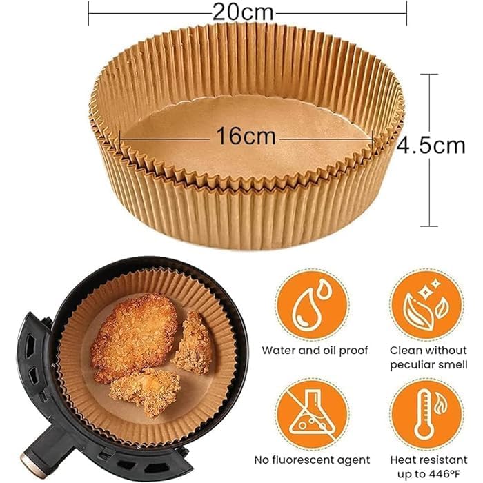 WISHOME Air Fryer Disposable Round Paper Liner Disposable air Fryer Paper Liners, Water-Proof, Oil-Proof, Food Grade Parchment for Baking Roasting Microwave 16 Cm (50 Pieces) - RA064 - Image 3