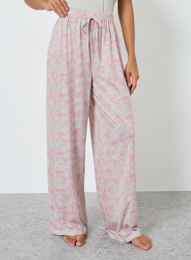 Styli Slogan Trim Pocket T-Shirt and Bow Print Pyjama Set - Image 5