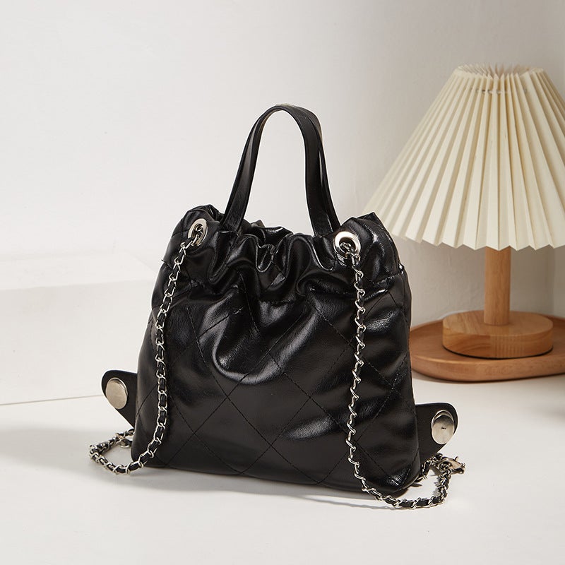 Women'S Bag Portable Solid Color Bucket Bag Xiaozhong Rhombic Chain Backpack High-Grade Large Capacity Backpack - Image 1