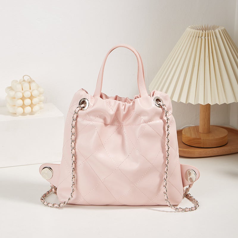 Women'S Bag Portable Solid Color Bucket Bag Xiaozhong Rhombic Chain Backpack High-Grade Large Capacity Backpack - Image 2