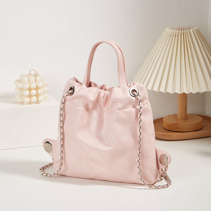 Women'S Bag Portable Solid Color Bucket Bag Xiaozhong Rhombic Chain Backpack High-Grade Large Capacity Backpack - Image 3