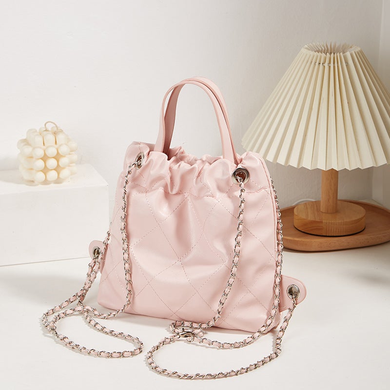 Women'S Bag Portable Solid Color Bucket Bag Xiaozhong Rhombic Chain Backpack High-Grade Large Capacity Backpack - Image 4