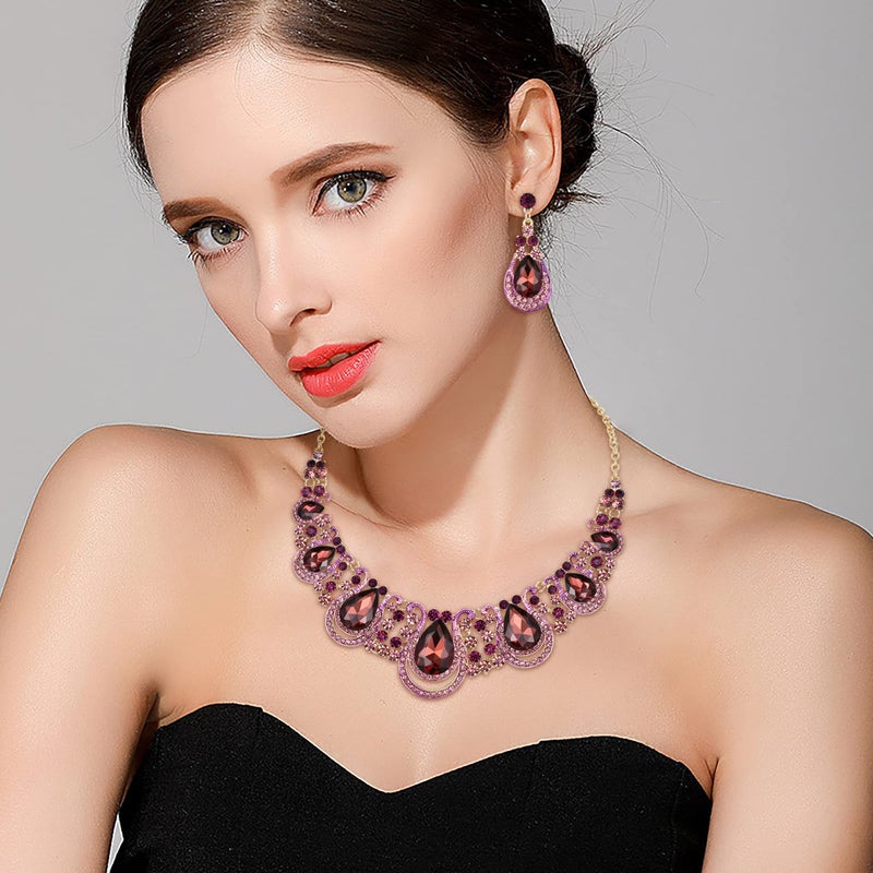 BriLove Costume Fashion Jewelry Set for Women Crystal Teardrop Hollow Scroll Statement Necklace Dangle Earrings Amethyst Color Gold-Tone - Image 2