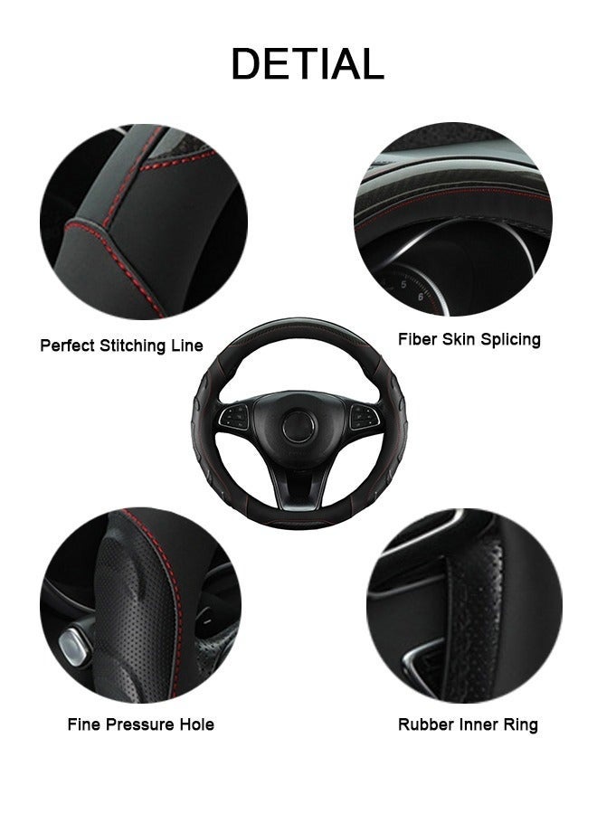 Carbon Fiber Leather Steering Wheel Cover, Breathable Non-Slip Steering Wheel Cover, 15-Inch All-Season Steering Wheel Cover (Black with Red Line) - Image 4
