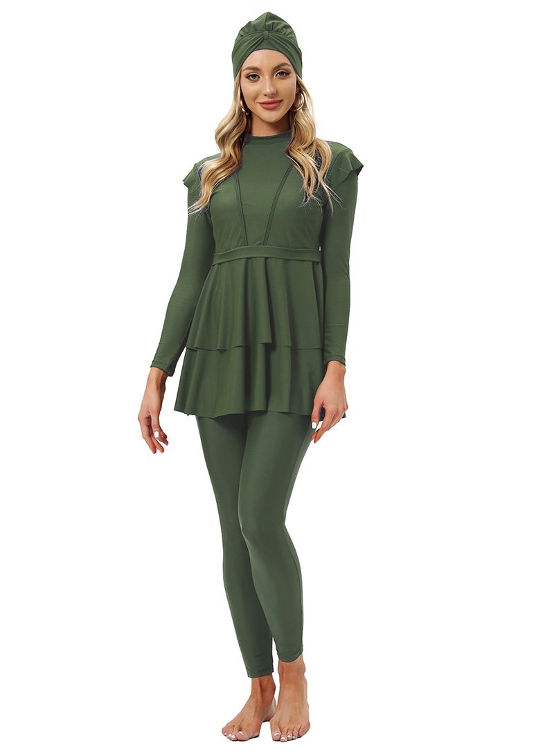JiuAn Women's 3-Piece Muslim Conservative Swimsuit Set - Ruffled Hem Long Sleeve Trousers Burkini with Headscarf, Sun Protection Beachwear for Surfing - Image 3