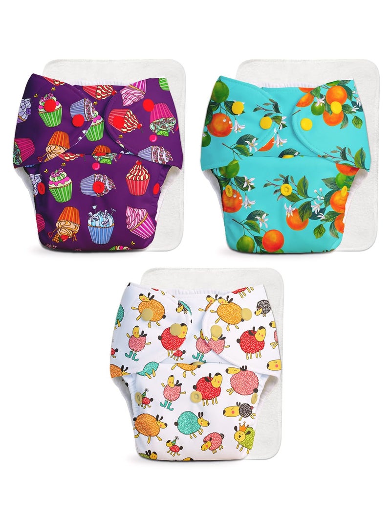 Superbottoms حفاضات قماش متقدمة مضادة للتسرب من سوبر بوتومز للأطفال، عالية الامتصاص 100% قطن، حزمة كومبو تحتوي على 3 حفاضات قابلة لإعادة الاستخدام و3 وسادات إدخال قابلة للغسل، مناسبة من 3 أشهر إلى 3 سنوات، تقلل من الطفح الجلدي - Image 1