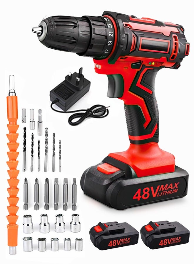ALongDeng 48V Cordless Drill Set Power Drill Kit with 2 Pcs Battery 25 Position 2 Variable Speed 3/8'' Keyless Chuck Fast Charger and 24 Pcs Accessories with Case - Image 1