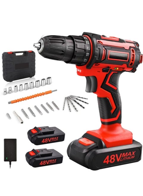 48V Cordless Drill Set Power Drill Kit with 2 Pcs Battery 25 Position 2 Variable Speed 3/8'' Keyless Chuck Fast Charger and 24 Pcs Accessories with Case