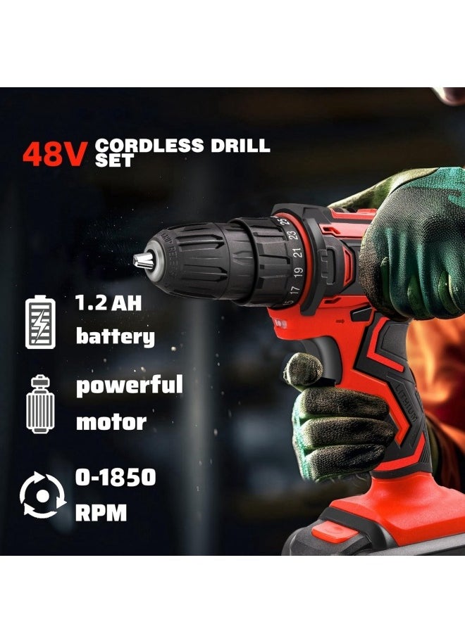48V Cordless Drill Set Power Drill Kit with 2 Pcs Battery 25 Position 2 Variable Speed 3/8'' Keyless Chuck Fast Charger and 24 Pcs Accessories with Case