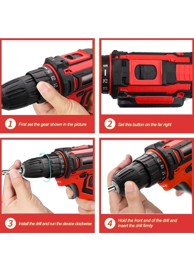 48V Cordless Drill Set Power Drill Kit with 2 Pcs Battery 25 Position 2 Variable Speed 3/8'' Keyless Chuck Fast Charger and 24 Pcs Accessories with Case