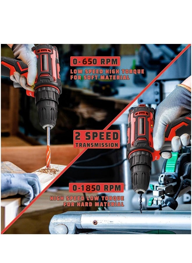 48V Cordless Drill Set Power Drill Kit with 2 Pcs Battery 25 Position 2 Variable Speed 3/8'' Keyless Chuck Fast Charger and 24 Pcs Accessories with Case
