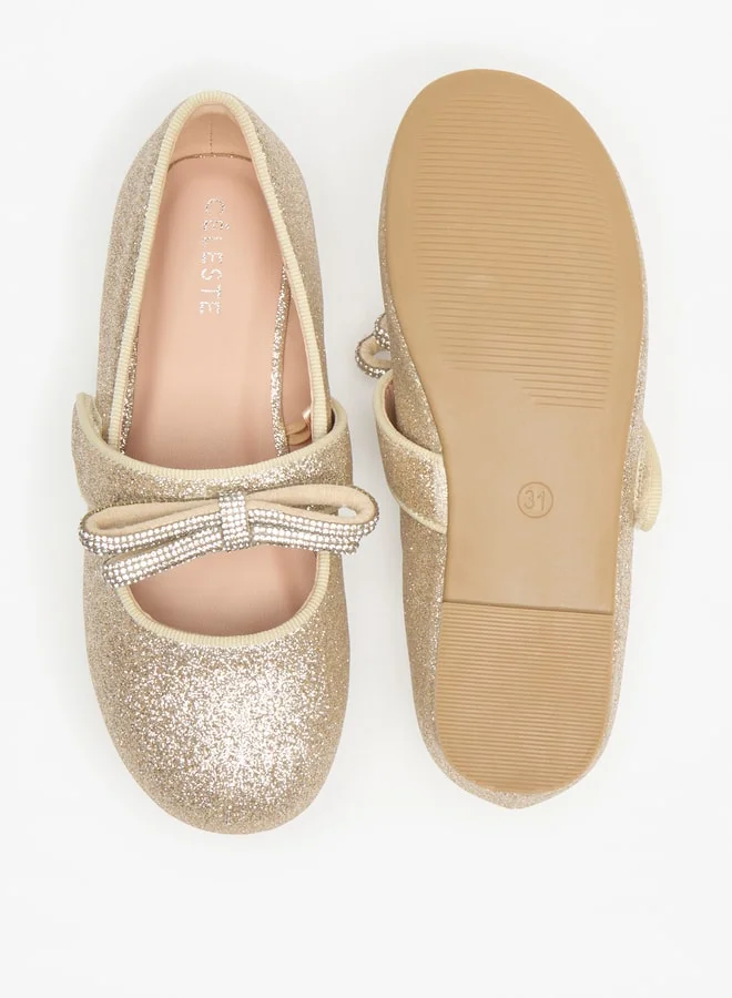سيليست Girls Glittery Round Toe Ballerina Shoes with Hook and Loop Closure