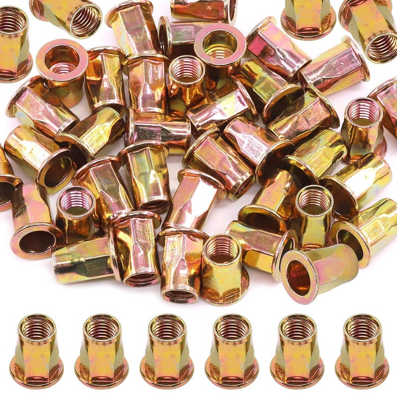 Glarks 60Pcs M10 Half Hex Body Flange Rivet Nuts Zinc Plated Carbon Steel Flat Head Threaded Insert Nut Rivnut Set (M10) - Image 1