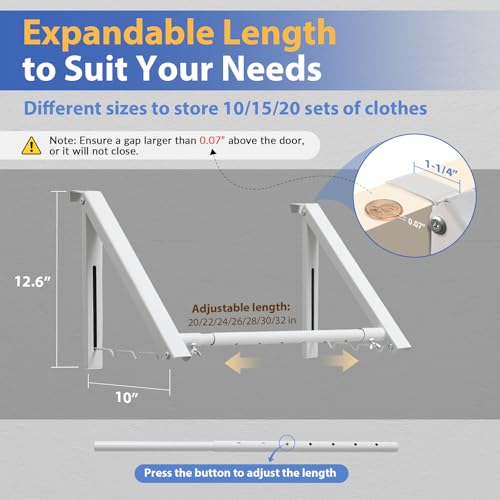UIABOPZ Over The Door Hanger, Foldable Over The Door Drying Rack with 20"-32" Expandable Width, Space Saving Doors Clothes Hanger for Laundry, Bathroom, Apartment, Fits Doors up to 1-1/4”, Metal, White - Image 3