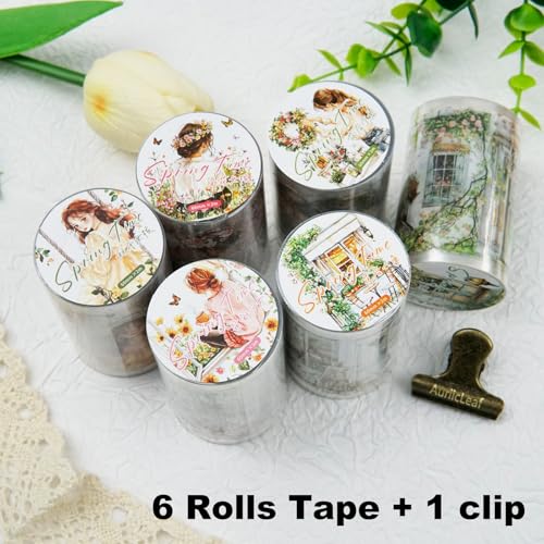 AuriicLeaf Spring PET Tape Set, 6 Rolls Pre-Cut Aesthetic Stickers for Scrapbooking, Journaling, DIY Crafts, and Collage Art - Image 3