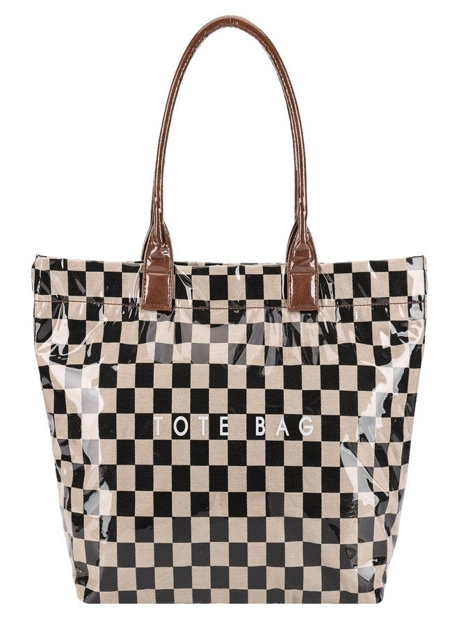 Lushandy Checkered Tote Bag Women's PVC Tote Bag with Zipper Plastic Letters Print Hobo Handbag Checkered Purse for Work - Image 1