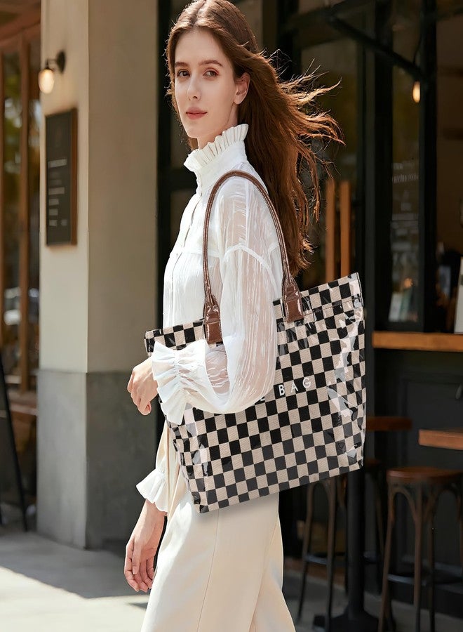 Lushandy Checkered Tote Bag Women's PVC Tote Bag with Zipper Plastic Letters Print Hobo Handbag Checkered Purse for Work - Image 2