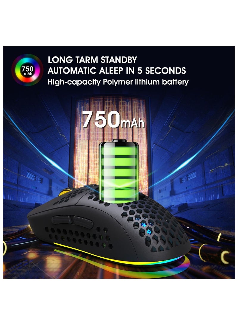 إتش إكس إس جيه HXSJ T90 ماوس لاسلكي على شكل قرص العسل خفيف الوزن بإضاءة خلفية RGB وقابل لإعادة الشحن للكمبيوتر المحمول للمنزل والمكتب باللون الأسود - Image 5