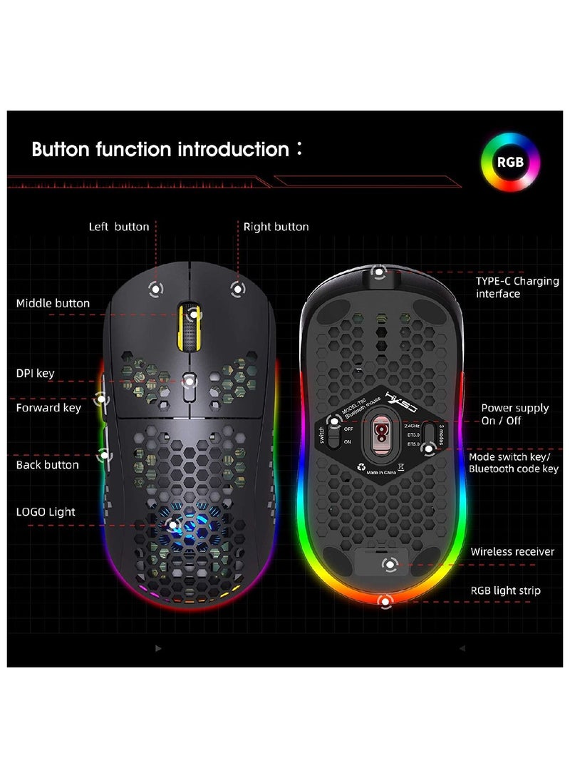 إتش إكس إس جيه HXSJ T90 ماوس لاسلكي على شكل قرص العسل خفيف الوزن بإضاءة خلفية RGB وقابل لإعادة الشحن للكمبيوتر المحمول للمنزل والمكتب باللون الأسود - Image 4