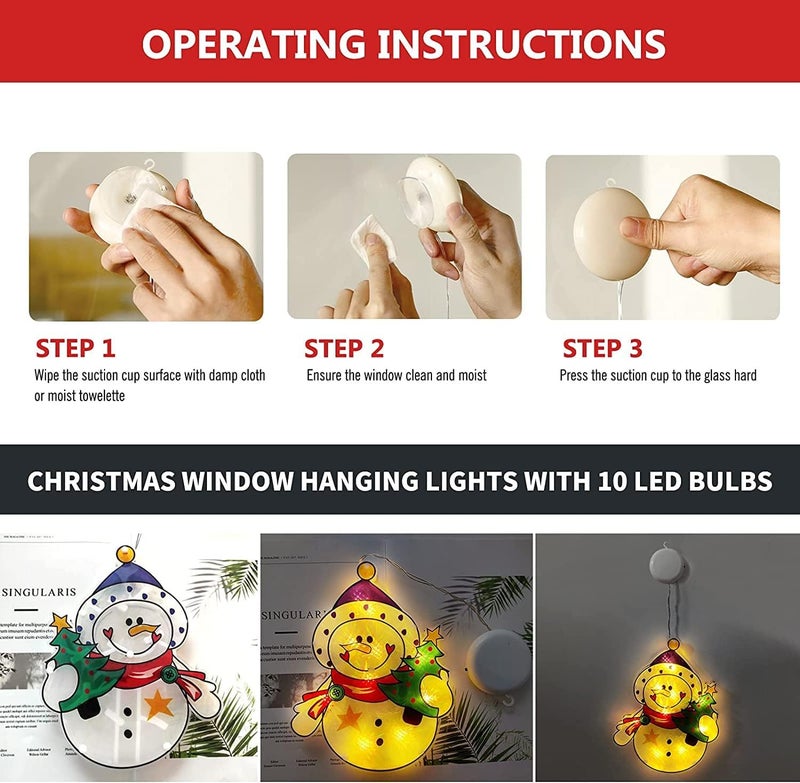 comfrt Christmas Window Hanging Lights, Christmas Lighted Window Decorations 10 LED Lights with Suction Cup Battery Powered Novelty Hanging Lights Window Lights for Christmas Tree Party - Image 3