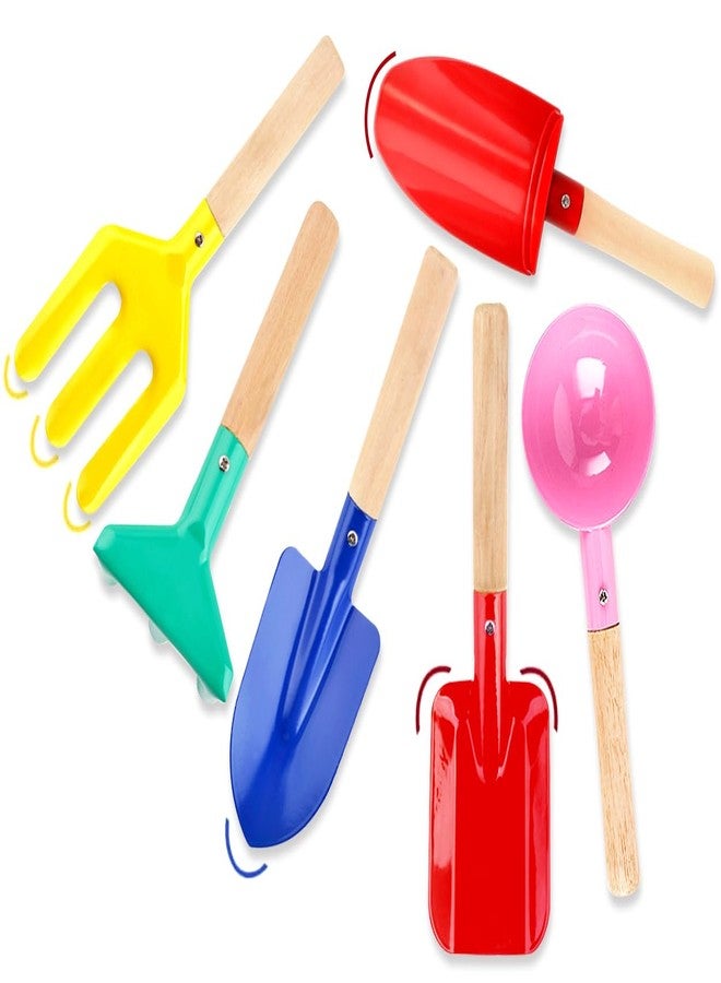 Katroiy 6 Piece Kids Gardening Tools, Children Beach Sand Toys, Made of Metal with Sturdy Wooden Handle, Safe Beach Gardening Set, Spoon, Fork, Rake & Shovel, Gifts for Kids - Image 1