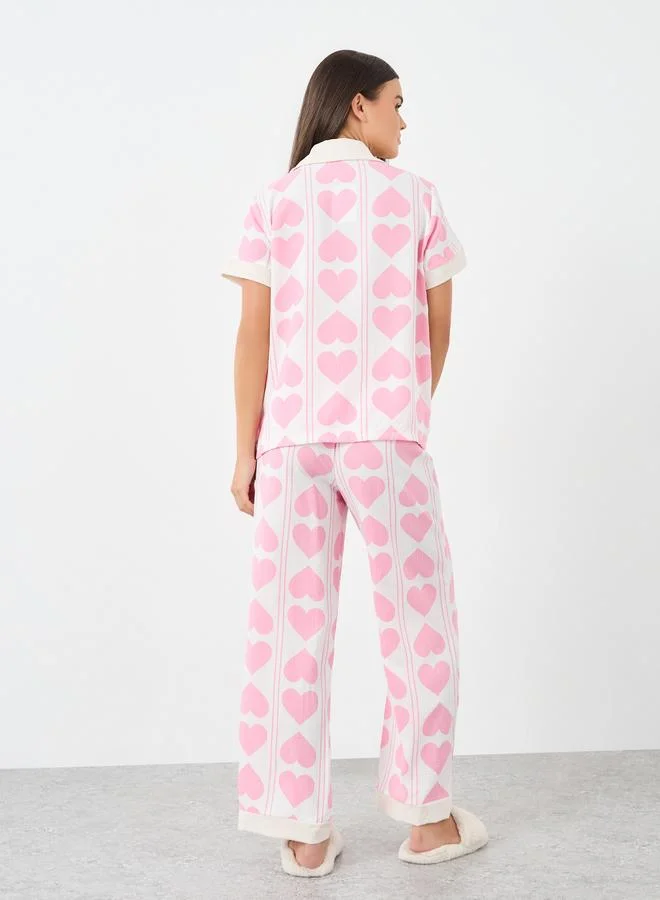 ستايلي Styli Heart Striped Print Shirt and Pyjama Set