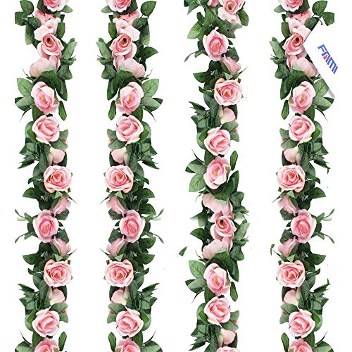 FAMI 4PCS(28.8 FT,16 Flowers) Artificial Rose Vine Garland Silk Flower Hanging Baskets Plants for Indoor Outdoor Home - Image 2