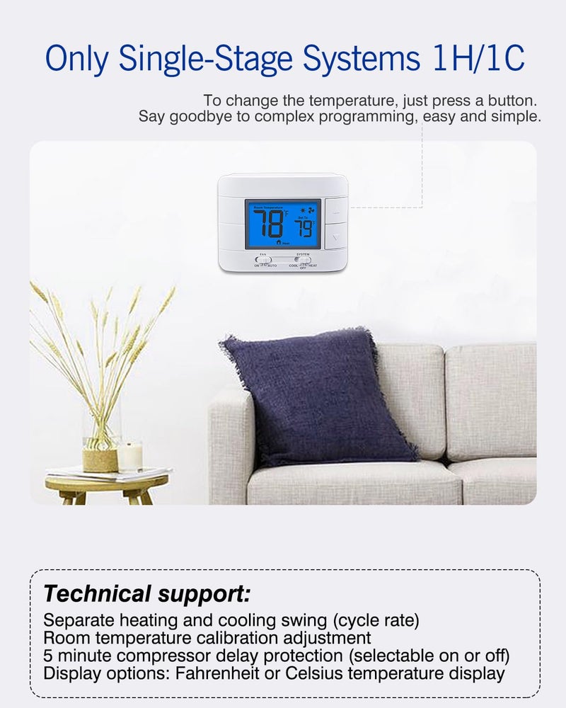 Aowel Non Programmable Thermostat for Home 1 Heat/ 1 Cool Single-Stage System, with Room Temperature Monitor (LCD Blue Backlit Screen) - Image 3