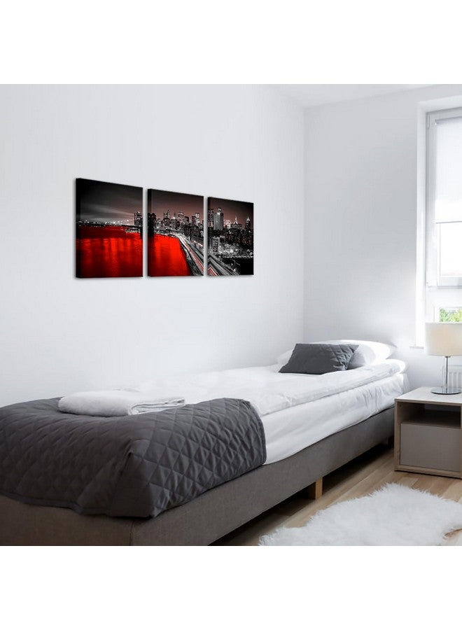 LevvArts 3 Panel New York City Wall Art Canvas Brooklyn Bridge Night View Picture Print Modern Black and Red City Poster Painting for Home Office Bedroom Decoration (Red, Small) - Image 5