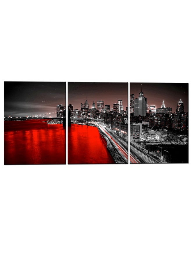 LevvArts 3 Panel New York City Wall Art Canvas Brooklyn Bridge Night View Picture Print Modern Black and Red City Poster Painting for Home Office Bedroom Decoration (Red, Small) - Image 1