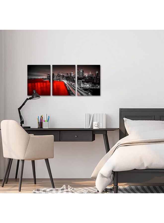 LevvArts 3 Panel New York City Wall Art Canvas Brooklyn Bridge Night View Picture Print Modern Black and Red City Poster Painting for Home Office Bedroom Decoration (Red, Small) - Image 4